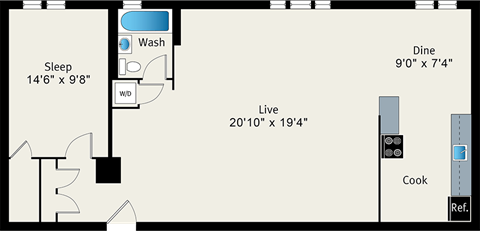 Floor plan for 1 bed, 1 bath, 859 sqft